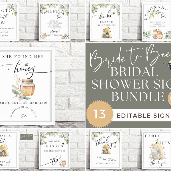 Bride to BEE Bridal Shower Sign Bundle, Editable Templates, Canva, How many kisses, Mimosa Bar, Meant to BEE, She Found her Honey, Honeybee