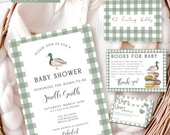 Duck Hunting Baby Shower Invitation Bundle, Mallard Duck Baby Shower Invite with Books for Baby and Diaper Raffle, Gender Neutral Shower
