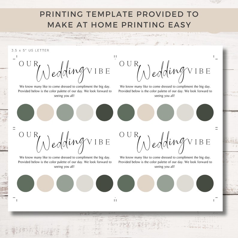 Pu&ograve; includere: Modello di tavolozza colori per matrimonio stampabile con il testo "Our Wedding Vibe" e una tavolozza di colori verde, beige e grigio. Il modello &egrave; progettato per carta di formato lettera US 3,5 x 5.