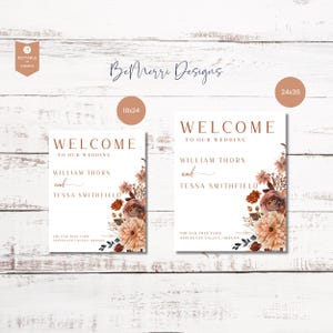 Pu&ograve; includere: Due cartelli di benvenuto per matrimoni con composizioni floreali. I cartelli recitano "Benvenuti al nostro matrimonio" con i nomi William Thorn e Tessa Smithfield. I cartelli misurano 45,7x61 cm e 61x91,4 cm.