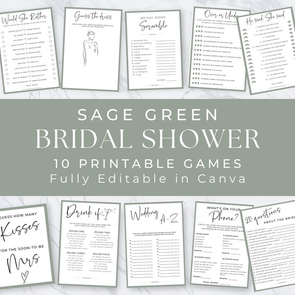 SAGE GREEN Bridal Shower Games | Minimalist | Fun Wedding Shower Games Bundle | Bridal Shower |  CLASSIC | Printable Games | Canva