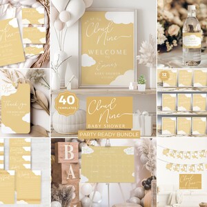 Cloud Nine babyshowerbundel, We&#39;re on Cloud 9, douchespellen, afdrukbare borden, uitnodiging, luierloterij, welkomstbord, gele neutrale baby