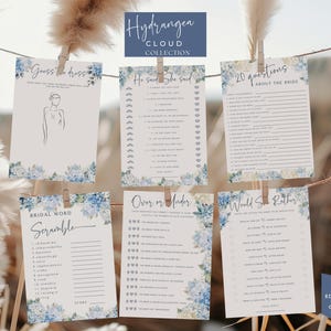 Hydrangea Bridal Shower Games, Dusty Blue Floral Shower, Wedding Shower Games Bundle, Would She Rather, PRINTABLE Games, EDITABLE in Canva image 1