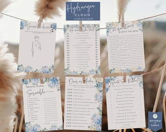 Hydrangea Bridal Shower Games, Dusty Blue Floral Shower, Wedding Shower Games Bundle, Would She Rather, PRINTABLE Games, EDITABLE in Canva