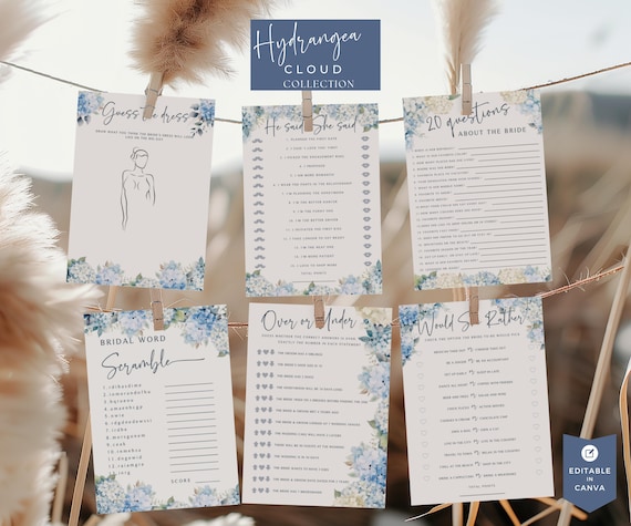 Hydrangea Bridal Shower Games, Dusty Blue Floral Shower, Wedding Shower Games Bundle, Would She Rather, PRINTABLE Games, EDITABLE in Canva