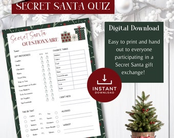 May include: A Secret Santa questionnaire with gift preferences and favorite things lists. The design includes a red and green color scheme with a Santa hat and a small Christmas tree. The text reads "Secret Santa Quiz" and "Digital Download".