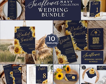 May include: A navy blue wedding invitation bundle with sunflower accents. The bundle includes a welcome sign, table numbers, a menu, a details card, a RSVP card, and an envelope. The text on the invitation reads "Sunflower Navy Collection Wedding Bundle".