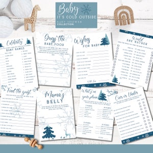 Baby It&#39;s Cold Baby Shower Games, Winter Baby Shower, December Baby Shower, BLUE Themed Games Template, Printable 5X7, Winter Wonderland