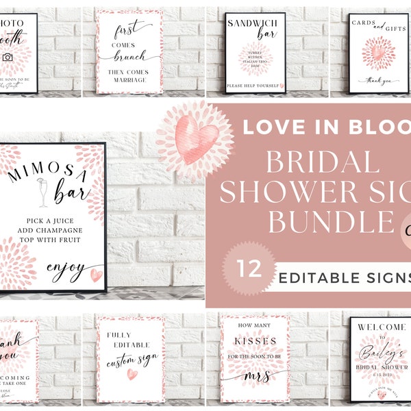 LOVE IS in BLOOM Bridal Shower, Bridal Shower Sign Bundle, Sign Pack, Editable Templates , Love in Bloom , Canva, How many kisses, Simple