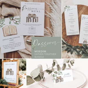 Può includere: Un set di decorazioni per feste di Pasqua stampabili con un design floreale verde e bianco. Il set include un cartello di benvenuto, un menu, un segnaposto e una carta con il testo "Gesù è l'agnello pasquale".