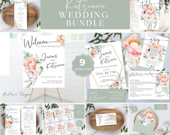 Sage Green Floral Wedding Invitation Bundle: Photo Invite, Welcome Sign (Canva Template - Digital Download)