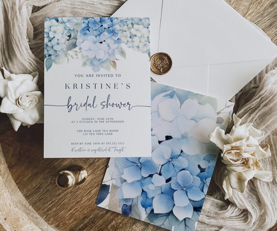 Hydrangea Bridal Shower Invitation, Dusty Blue Bridal Shower, Editable Canva Template, Floral Garden Bridal Shower Invite, Instant Download