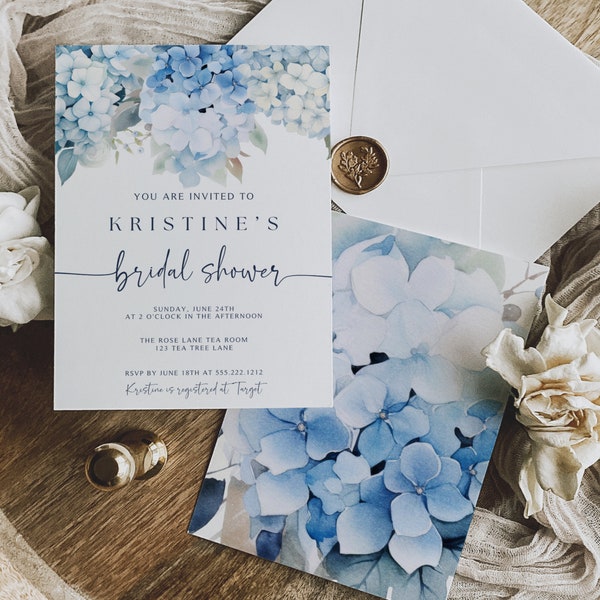 Hydrangea Bridal Shower Invitation, Dusty Blue Bridal Shower, Editable Canva Template, Floral Garden Bridal Shower Invite, Instant Download