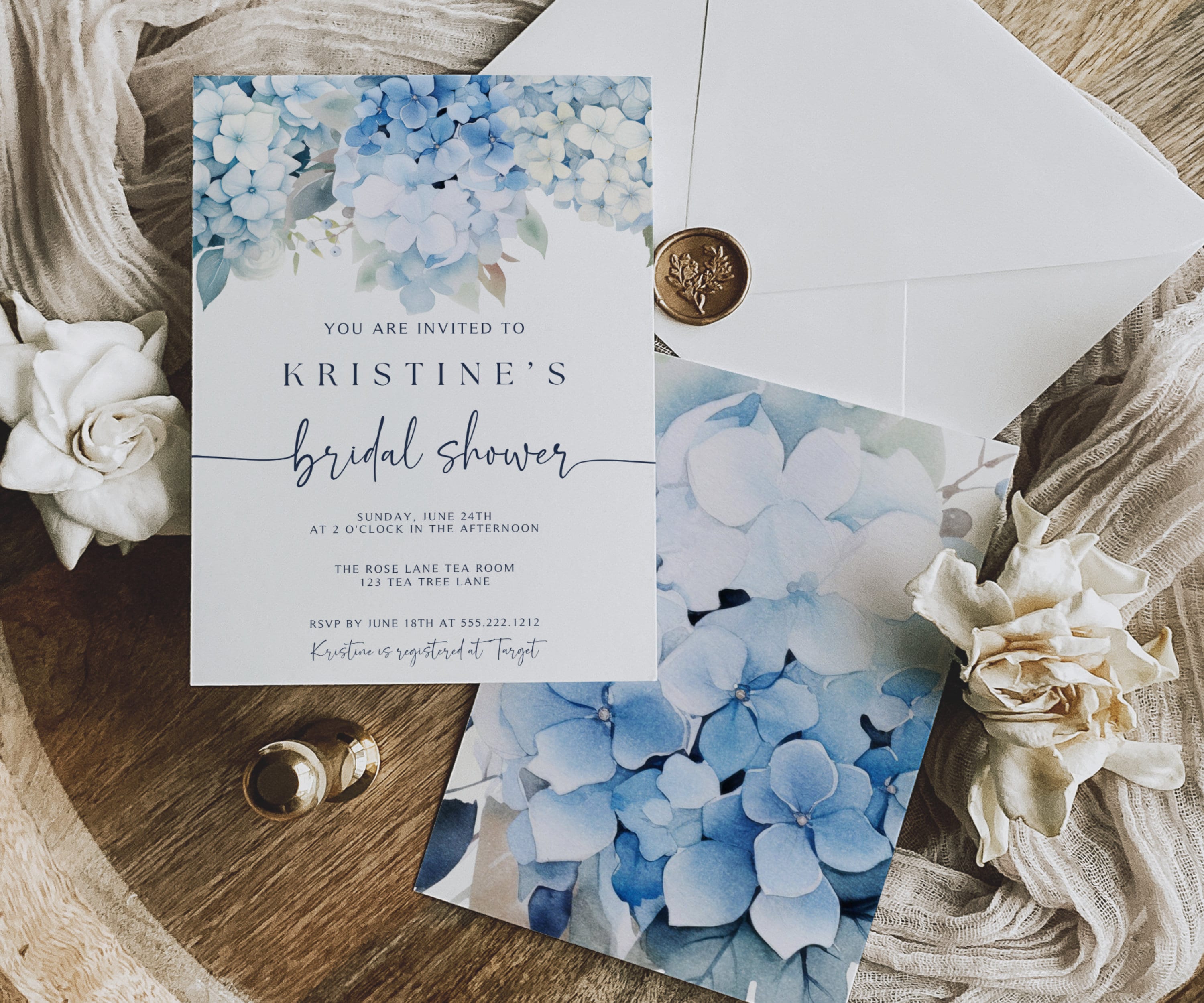 Hydrangea Bridal Shower Invitation, Dusty Blue Bridal Shower, Editable Canva Template, Floral Garden Bridal Shower Invite, Instant Download