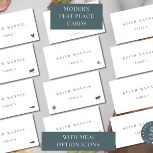 May include: Printable place cards with the text "Keith Mannis" and table numbers 1 through 6. Each card has a different icon representing a meal option: a chicken, a cow, a fish, a sprig of greenery, a cow, and a fish.