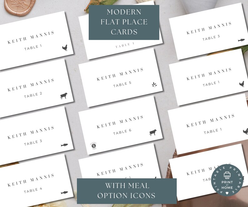 May include: Printable place cards with the text "Keith Mannis" and table numbers 1 through 6. Each card has a different icon representing a meal option: a chicken, a cow, a fish, a sprig of greenery, a cow, and a fish.