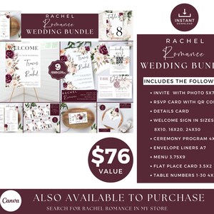 May include: A wedding stationery bundle with a floral design in shades of burgundy and blush. The bundle includes an invitation, RSVP card, details card, welcome sign, ceremony program, envelope liners, menu, flat place card, and table numbers. The text "Rachel Romance Wedding Bundle" is displayed in a burgundy font. The bundle is valued at $76.
