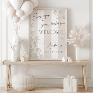 Sea you Soon Baby Shower Welcome Sign, Beige Seashell Baby Shower Theme, Coastal, Gender Neutral, Summer Shower with Seashells, Beach Theme