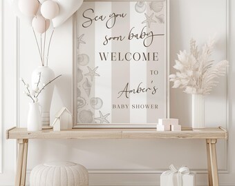 Sea you Soon Baby Shower Welcome Sign, Beige Seashell Baby Shower Theme, Coastal, Gender Neutral, Summer Shower with Seashells, Beach Theme
