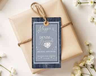 Tacketikett med denim och diamanter, presentetikett för bruddusch, tackgåva, redigerbar utskrivbar i Canva, västerländsk dusch, brudduschbrunch