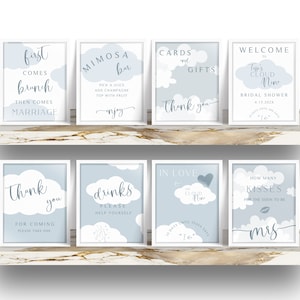 Cloud Nine Bridal Shower Sign Bundle, She&#39;s On Cloud 9, Sign Pack, Editable Templates, Canva, How many kisses, Bachelorette, Bride on Cloud