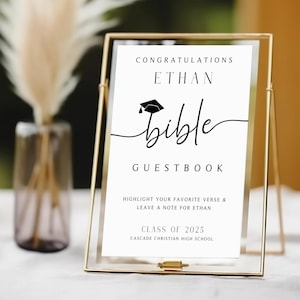 Livre d&#39;or de la Bible de remise des diplômes, mettez en valeur votre verset de la Bible préféré, signe de livre d&#39;or de la Bible modifiable, décoration de diplômé imprimable, décoration de remise des diplômes