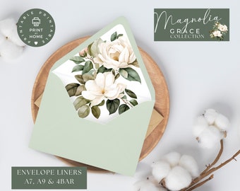 Magnolia Greenery Wedding Envelope Liners: A7, A9, 4 Bar (Digital Download)
