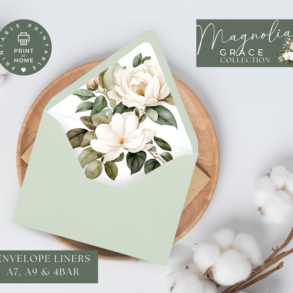 Envelope Liners Wedding, Greenery Wedding, A7 and A7 Euroflap Square Liners A9, 4 Bar, Printable and editable, Canva, Magnolia Grace