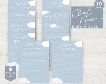 Cloud Nine Baby Shower Game. Pacchetto per neonati maschi. Cloud 9 Shower. Divertenti giochi per baby shower. Caratteristiche del bambino. Indovina il cibo. Stampabile. Modificabile. Canva
