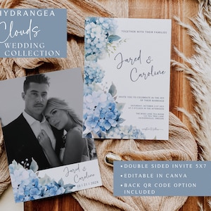 Blue HYDRANGEA Wedding Invitations Canva, Invite with Photo QR, Blue Floral, Editable Digital Instant Download, Light Blue, Hydrangea Clouds