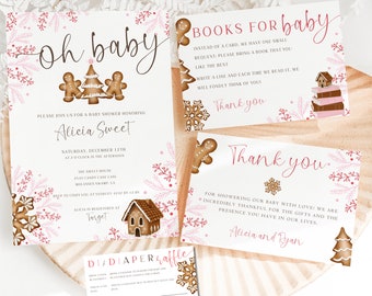 May include: A set of three printable cards for a baby shower. The cards are decorated with a gingerbread house, gingerbread people, and snowflakes. The text on the cards reads "Oh baby", "Books for baby", and "Thank you".