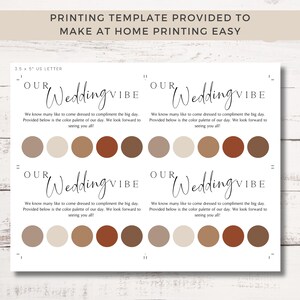 K&ouml;nnte beinhalten: Druckbare Vorlage f&uuml;r eine Hochzeitsfarbpalette mit dem Text "Our Wedding Vibe" und einer Auswahl an Farbmustern in Braun, Beige und Orange.