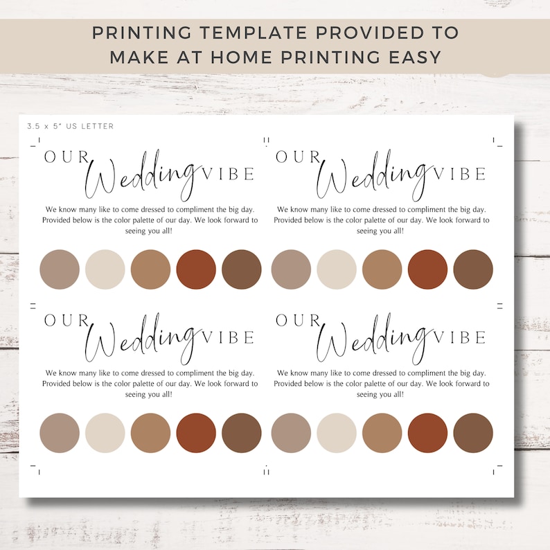 K&ouml;nnte beinhalten: Druckbare Vorlage f&uuml;r eine Hochzeitsfarbpalette mit dem Text "Our Wedding Vibe" und einer Auswahl an Farbmustern in Braun, Beige und Orange.