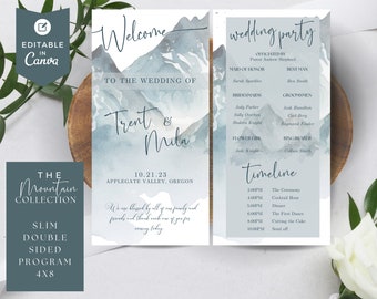 Double Sided Wedding Program Template, Canva Instant Download, Printable Program, Order Ceremony, Mountain Wedding Blue,  Moody Mountain