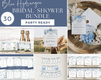 BLUE Hydrangea Bridal Shower Bundle | Love in Bloom | Shower Games | Printable Signs | Invitation | Wine Label | Welcome Sign | Editable