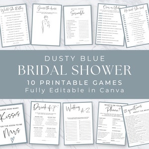 DUSTY BLUE Bridal Shower Game Minimalist Fun Wedding Shower Games Bundle Bridal Shower CLASSIC Printable Games Canva image 1