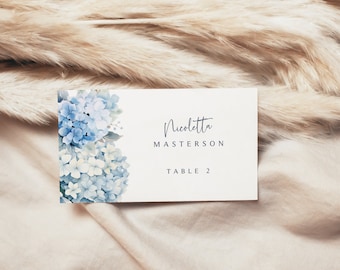 Blue Hydrangea Place Card Template: Floral Table Name Cards (Canva Editable, Printable)