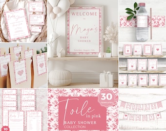 Pink Toile Baby Shower Bundle: Invitation, Games, Signs (Editable Canva)