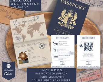 Passport Wedding Invitation, Destination Wedding Template, Getting Maui'd Invite, Travel Wedding, Folded Invitation with QR and Itinerary