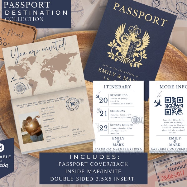 Passport-Hochzeitseinladung, Zielhochzeitsvorlage, Maui'd-Einladung, Reisehochzeit, gefaltete Einladung mit QR und Reiseverlauf