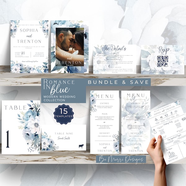 Dusty Blue Wedding Bundle, Elegant Blue Floral Wedding Invitation Set, Editable Instant Download Canva, Romantic Wedding Florals, Printable