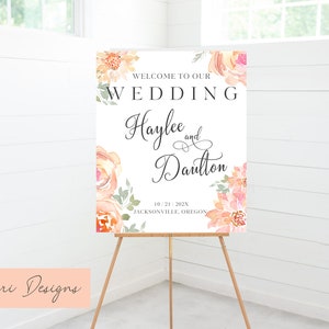 Dahlie Hochzeit Willkommensschild, Willkommen zu unserer Hochzeit, Hochzeit Willkommensschild zum Herunterladen, CANVA , Script Sign, Orange und Pink Floral, Haylee