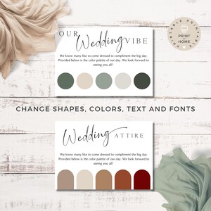Pu&ograve; includere: Modello di invito di nozze stampabile con il testo "Our Wedding Vibe" e "Wedding Attire". Il modello include una tavolozza di colori con cerchi e archi in tonalit&agrave; di verde, marrone e rosso.