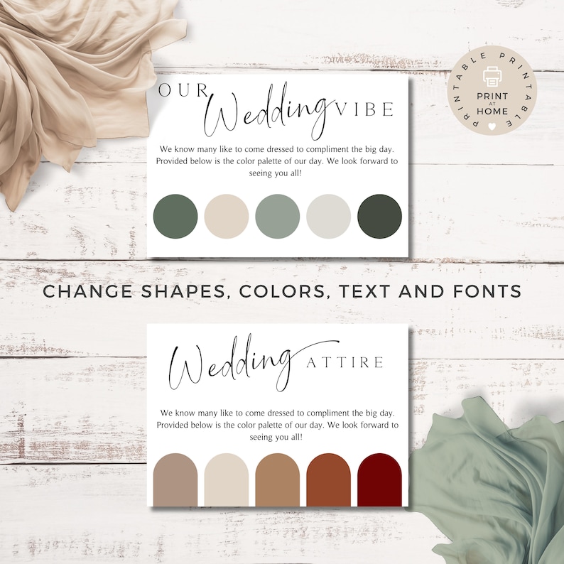 Pu&ograve; includere: Modello di invito di nozze stampabile con il testo "Our Wedding Vibe" e "Wedding Attire". Il modello include una tavolozza di colori con cerchi e archi in tonalit&agrave; di verde, marrone e rosso.