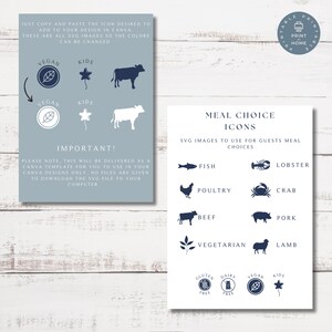 May include: A printable sheet with blue icons for meal choices. The icons include fish, lobster, poultry, crab, beef, pork, vegetarian, and lamb. The sheet also includes icons for vegan, kids, gluten-free, and dairy-free.