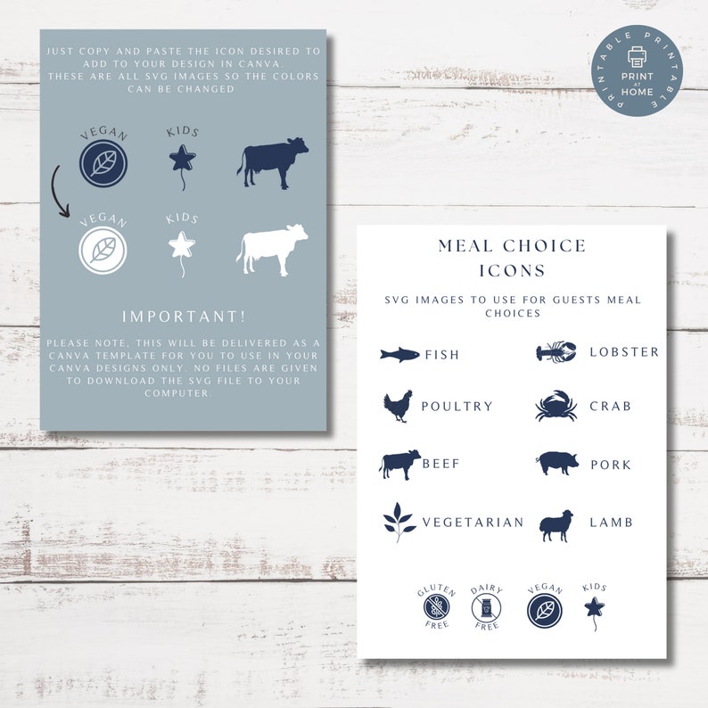 May include: A printable sheet with blue icons for meal choices. The icons include fish, lobster, poultry, crab, beef, pork, vegetarian, and lamb. The sheet also includes icons for vegan, kids, gluten-free, and dairy-free.