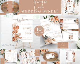 May include: A wedding invitation suite with a boho theme. The invitation features a floral design with orange, white, and brown colors. The text on the invitation reads "Soren and Leah" and includes the wedding date. The suite also includes a welcome sign, table numbers, and an order of the day card.
