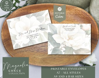 Magnolia Wedding Envelopes: Floral Greenery Design (Printable Canva Template)