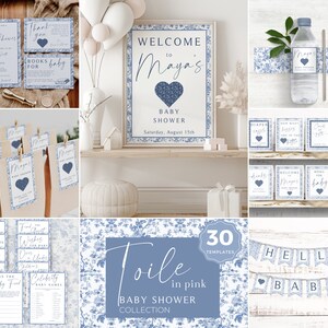 Blue Toile Baby Shower Bundle, Toile De Jouy Baby, Shower Games, Printable Signs, Invitation, Diaper Raffle, Welcome Sign, Chinoiserie Baby