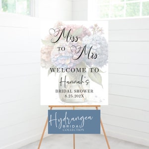 Hydrangea Bridal Shower Welcome Signs,  Floral Bridal Shower, CANVA, Editable template, Light Blue, Blue Purple Hydrangea, Dusty Blue Shower
